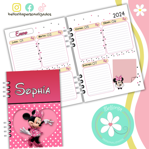 Interior de Agenda Minnie Mouse vista semanal tonos rosa