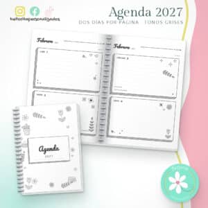 Agenda 2027 dos días por página - Tonos grises estilo bullet journal