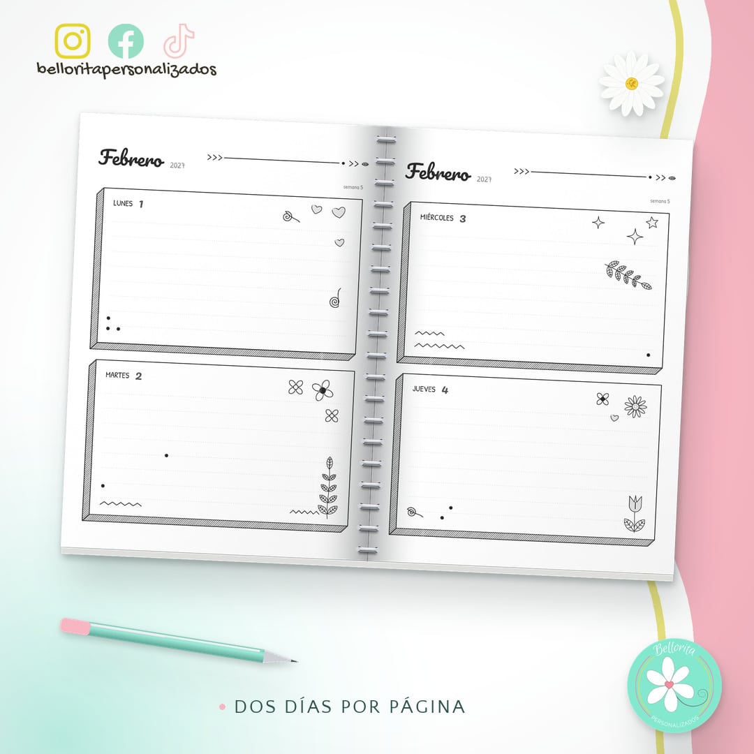Agenda 2027 dos días por página - Tonos grises estilo bullet journal - Imagen 2