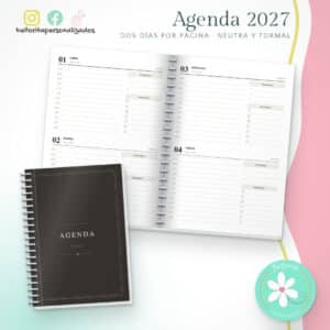 Agenda 2027 dos días por página con horas - Neutra y formal