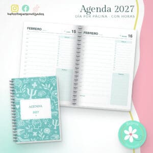 Agenda 2027 día por página con horas - Psicología y bienestar (turquesa)
