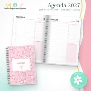 Agenda 2027 día por página con horas - Rosado floral