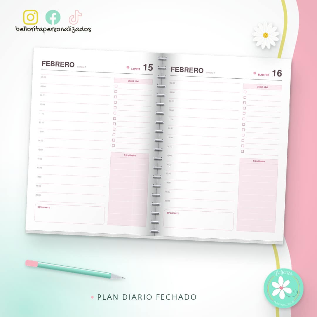 Agenda 2027 día por página con horas - Rosado floral - Imagen 2