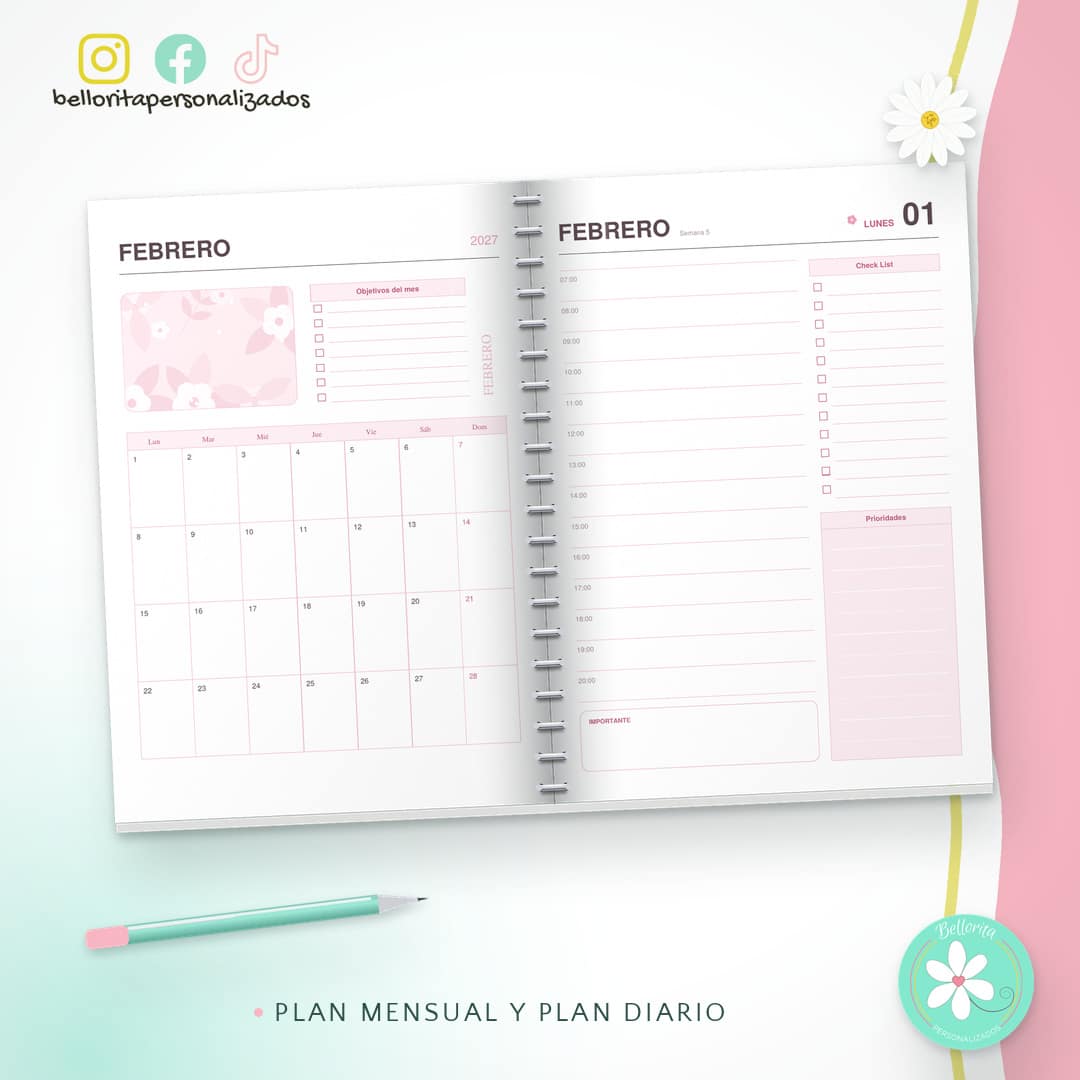 Agenda 2027 día por página con horas - Rosado floral - Imagen 3