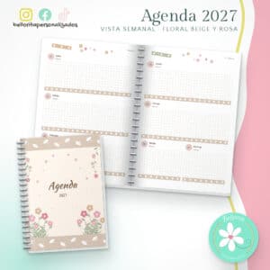Agenda 2027 vista semanal - Floral beige y rosa