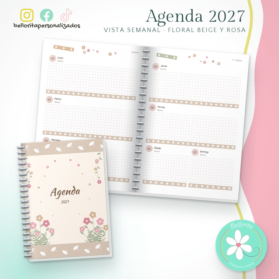 Agenda 2027 vista semanal - Floral beige y rosa