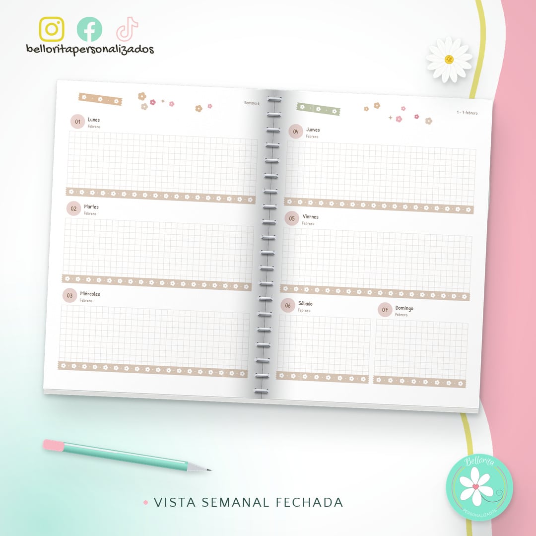 Agenda 2027 vista semanal - Floral beige y rosa - Imagen 2
