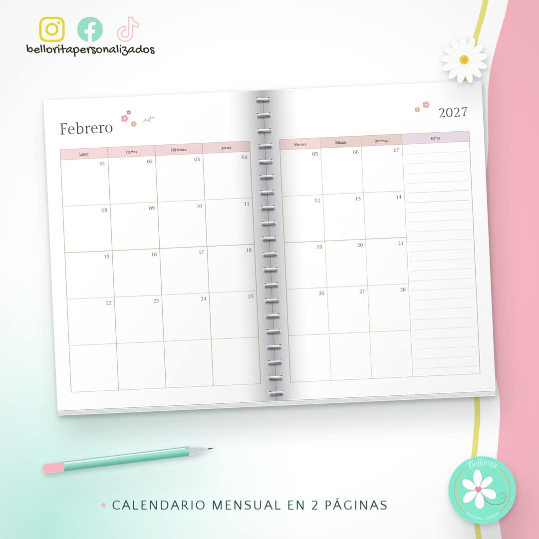 Agenda 2027 vista semanal - Floral beige y rosa - Imagen 3