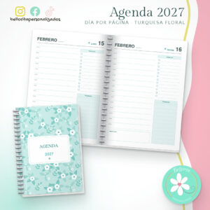 Agenda 2027 día por página con horas - Turquesa floral