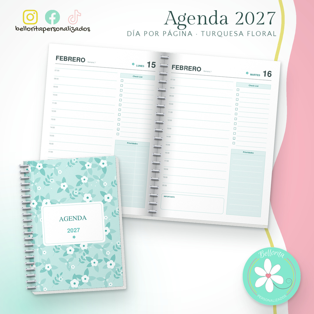 Agenda 2027 día por página con horas - Turquesa floral